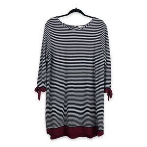 Honey Punch Womens Size XL Blue White‎ Stripe Shift Dress Tie Sleeves Maroon Hem